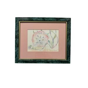 Watercolor Print Marcy Chapman Sand Dollar in Pastels 1993 Green Marbled Frame